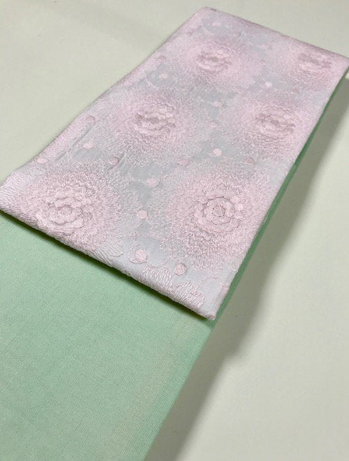 半幅帯　大花ピンクレース／ペパーミントグリーン
