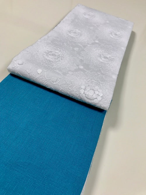 半幅帯　大花レース／青緑