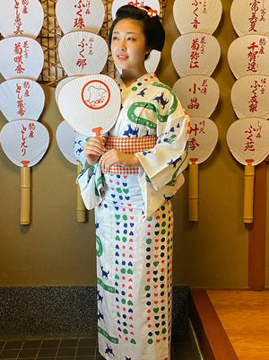 半幅帯　千鳥格子／サーモンピンク