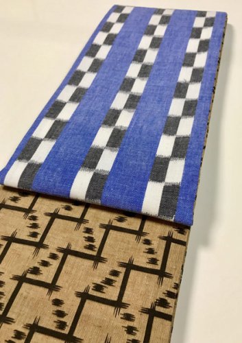 半幅帯　沖縄変り市松／琉球絣風茶色