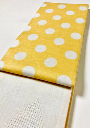 半幅帯　黄色どっとちゃん／綿麻透かし織