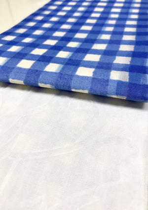 半幅帯　よろけギンガムチェック／綿白地