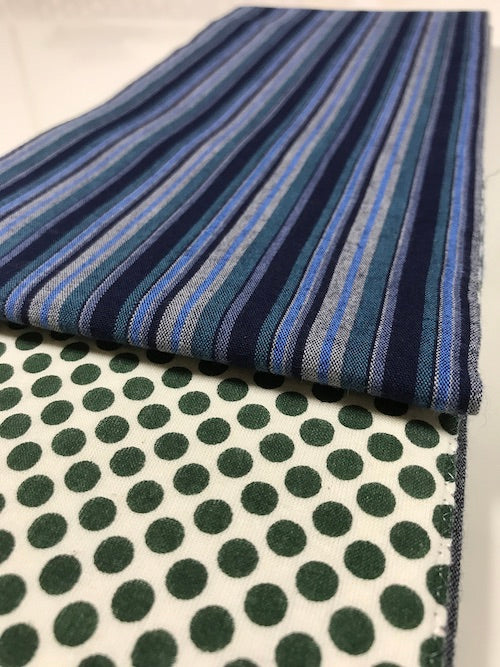 半幅帯　紺ストライプ／グリーン水玉