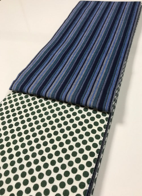 半幅帯　紺ストライプ／グリーン水玉
