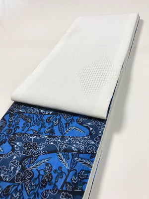 半幅帯　綿麻透かし織／ネイビーブルー花柄